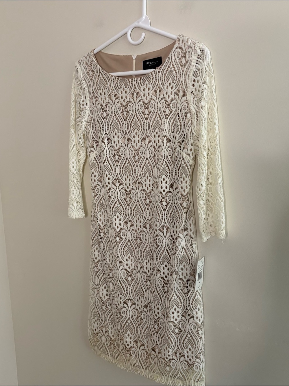 NWT Ronni Nicole Ivory Nude Crochet Lace Shift Dress 3/4 Sleeve Party Sz 4 - Picture 3 of 10